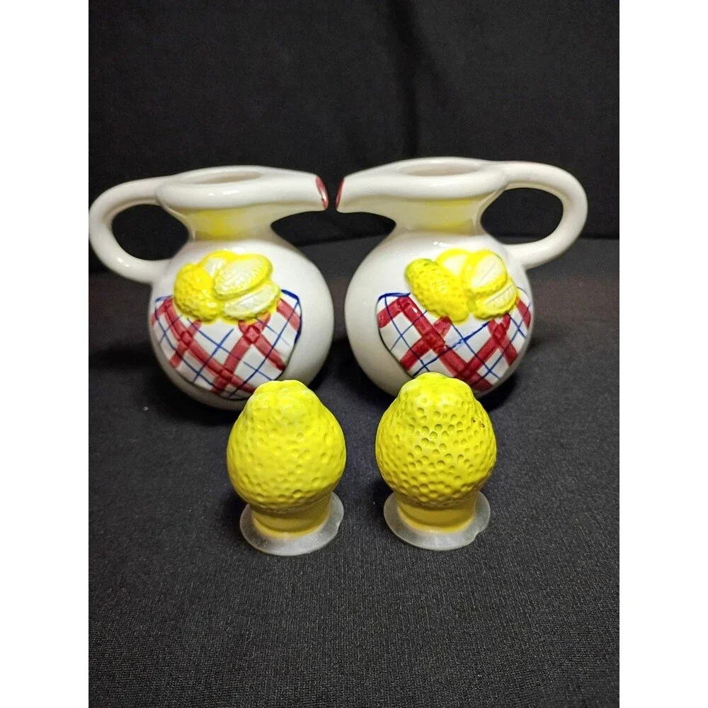 Lemon Oil Vinegar Cruet Set Ceramic Pitchers Plaid Gingham Country Kitchen